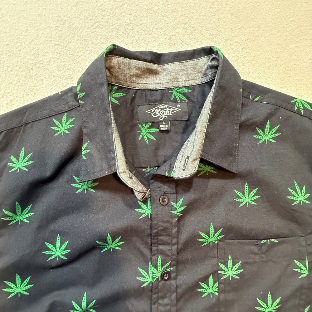 Eighty Eight Black Weed Cannabis Short Sleeve‎ Button Down Shirt Men Large